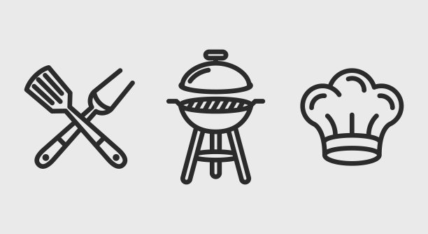 烧烤图标。交叉烧烤叉和锅铲，烧烤和厨师的帽子图标孤立在灰色背景图标的网页设计，应用程序界面。矢量图图片下载