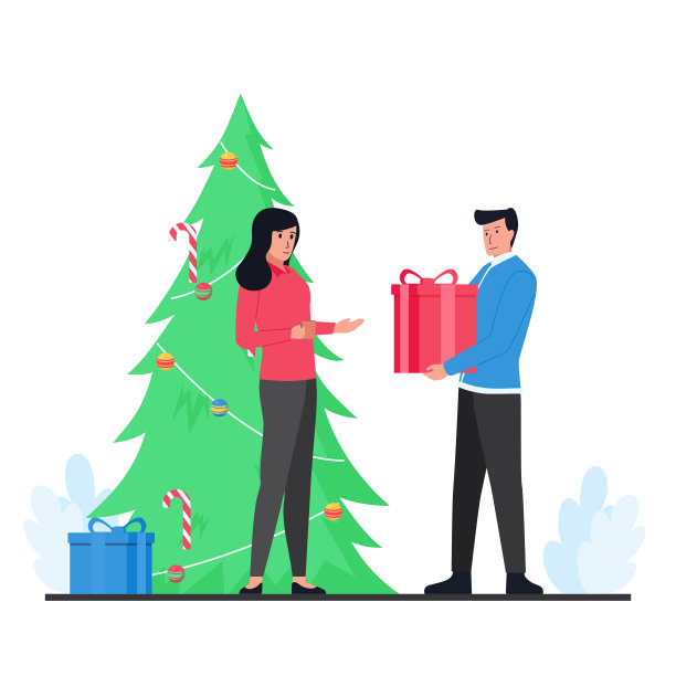 男子在圣诞树前送给女子礼物，圣诞节插画图片下载