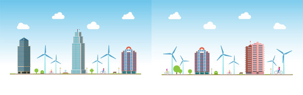 城市生态学。人们骑着自行车在生态纯净的城市景观。周期的车道。向量。图片下载