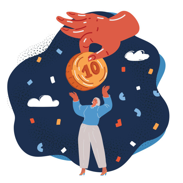 矢量插图的收入，储蓄和投资的钱。女商人接受大硬币在黑暗的背景。图片下载