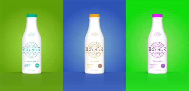 一套彩色背景的豆奶瓶。大豆制成的健康有机产品。矢量插图。广告模板。打印。图片下载