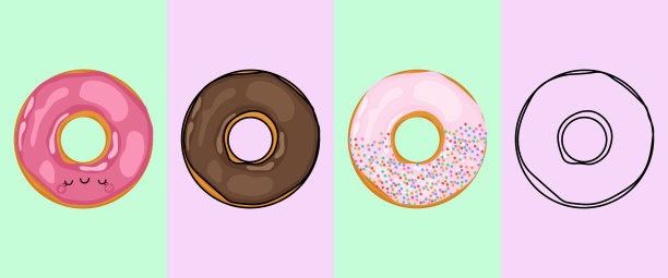 可爱的甜甜圈剪纸插图和黑色和白色。搞笑夹子艺术食物。向量插图卡哇伊糖果着色页，贴纸，婴儿淋浴，为衣服打印。图片下载