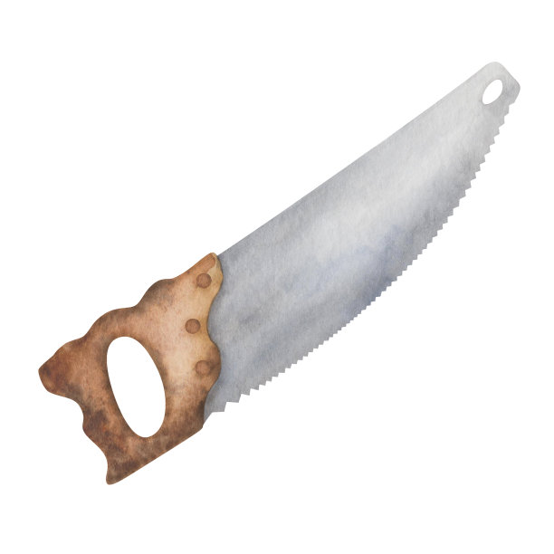 水彩插图手绘灰色金属木柄手锯工具。人类的工作工具。孤立在白色剪贴画元素的印刷，名片，包装纸图片下载