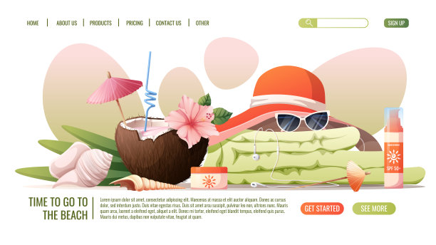 网页模板鸡尾酒，毛巾，帽子，防晒霜和眼镜。网页横幅和登陆页面的概念。海滩主题，暑假。图片下载