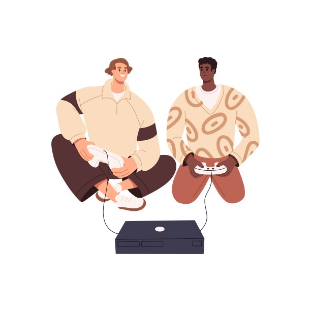 快乐的男人朋友在玩游戏，坐在地板上玩游戏机。在在线视频游戏中，玩家手中握着操纵杆。平面图形矢量插图孤立在白色背景图片下载