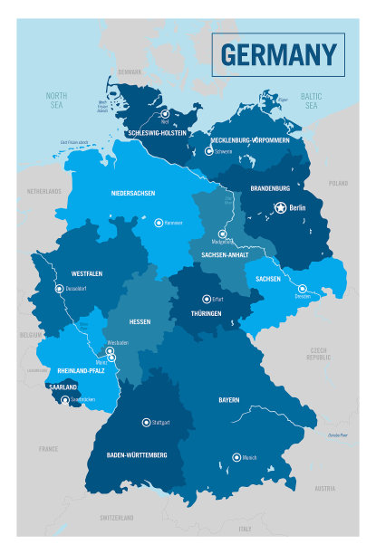 德国国家政治版图。与孤立的省、部门、地区、县、市、岛和州详细的矢量插图很容易分解。图片下载