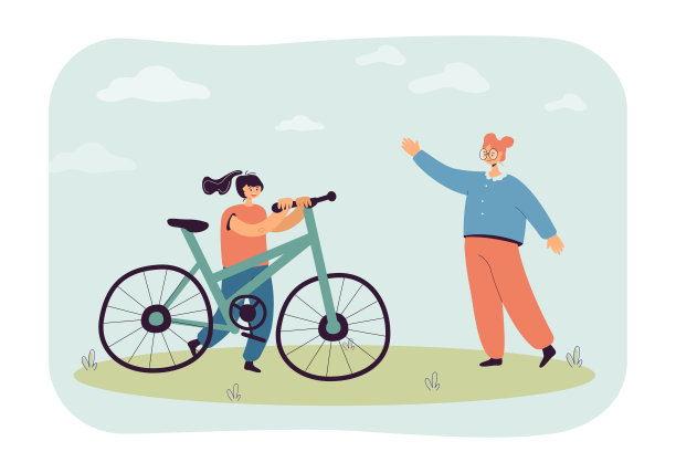 可爱的卡通女孩用自行车问候朋友图片下载