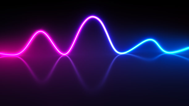 明亮的氖能量线。抽象发光多色波浪形状的黑色背景。3 d演示。图片下载
