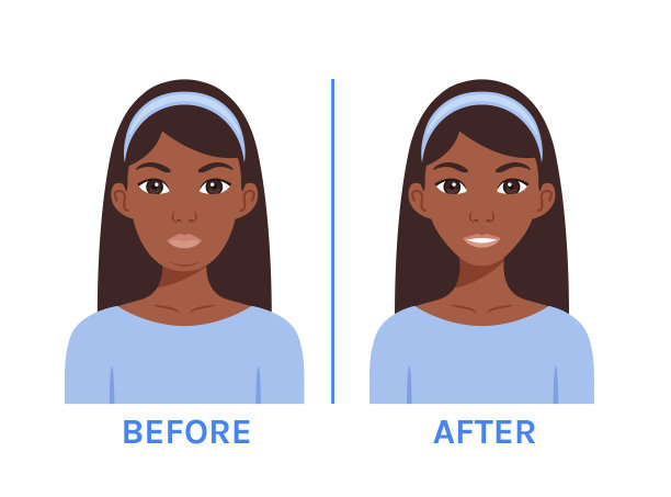 美丽丰满的黑人女性肖像。双下巴。瘦身和减肥。之前和之后。漂亮苗条的Afro女士与微笑的脸。彩色卡通风格。白色背景。矢量图图片下载