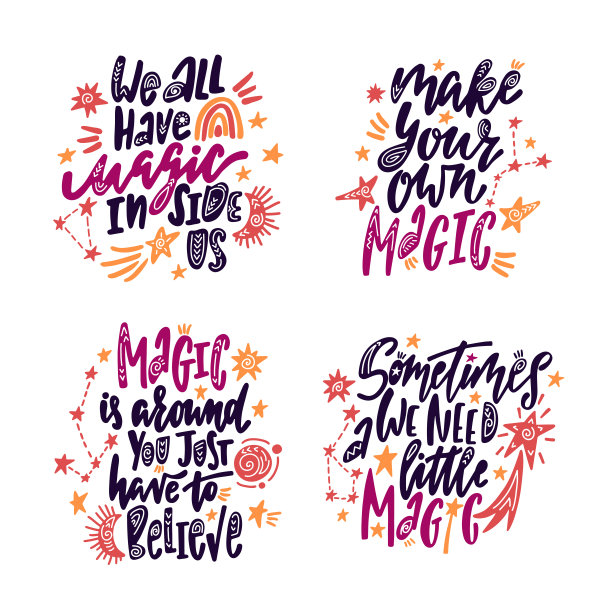 设置魔法短语。带有星座、月亮、彩虹、魔杖和星星的励志名言。图片下载