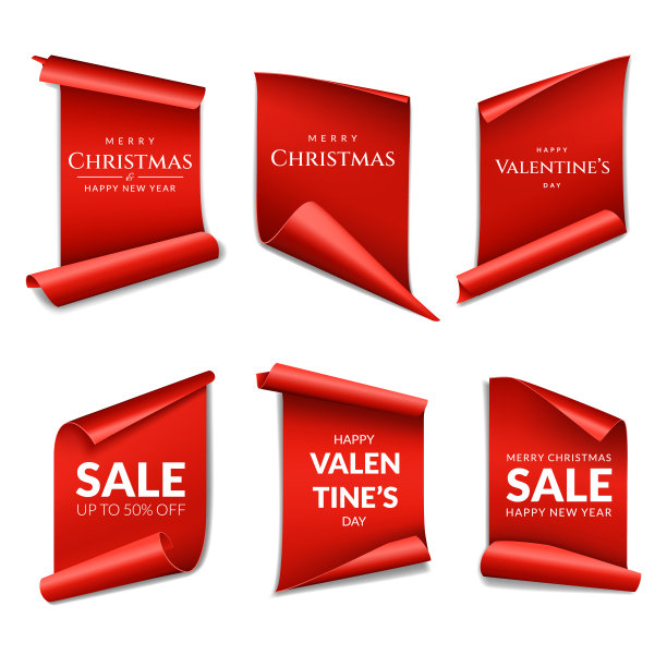 一套红色的圣诞、情人节横幅标签贴纸，孤立在白色的背景上。图片下载