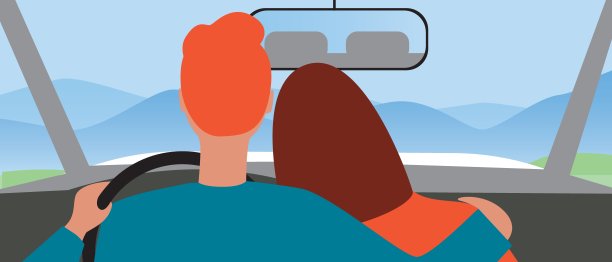 夫妻拥抱和聊天在汽车前座在公路旅行，平面矢量股票插图图片下载