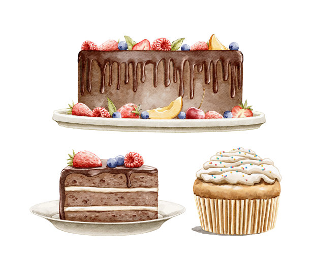水彩与美味甜蜜的烘焙蛋糕图片下载