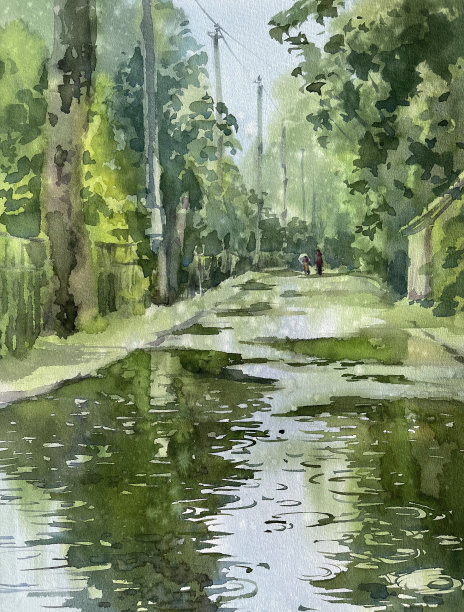 雨在街头水彩背景。绿色的夏天插图图片下载