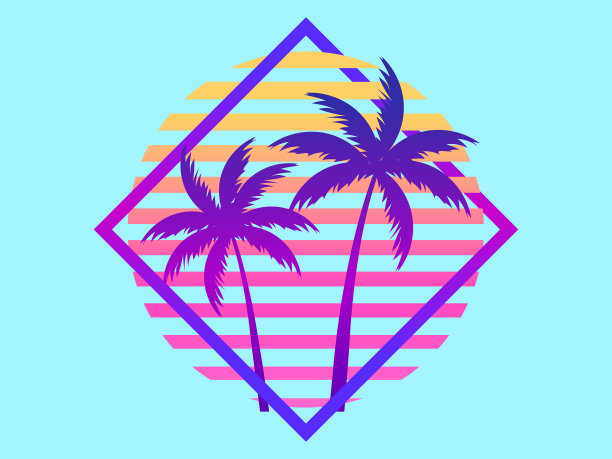 80年代复古科幻棕榈树日落复古图片下载