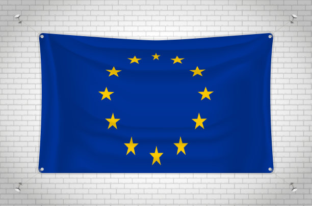 挂在砖墙上的欧盟旗帜。图片下载