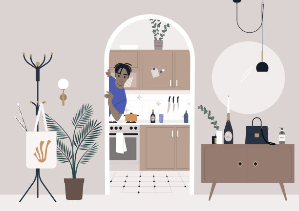 一个年轻的非洲男性角色从门口往外看，从大厅可以看到厨房图片下载