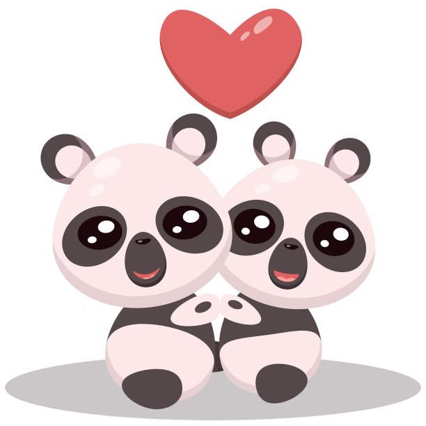 情人节，两只熊猫抱着卡通插图，带着红心图片下载