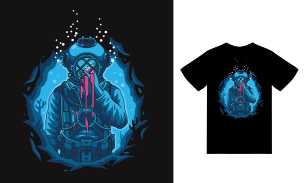 深海插图与t恤设计溢价矢量图片下载