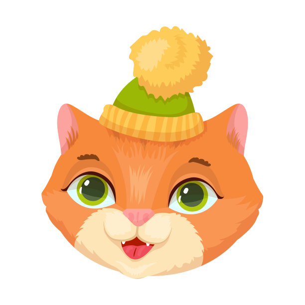 一张可爱的脸，一只戴着冬天帽子的红猫。宠物。小猫。矢量插图。图片下载