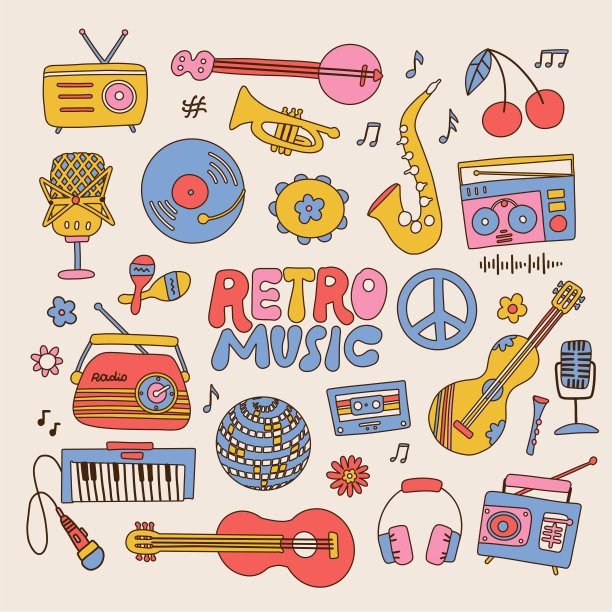 一套复古音乐播放器，卡式录音机，耳机，复古转盘，卡带，乐器和乙烯基板。手绘矢量插图孤立在现代70年代复古风格。图片下载