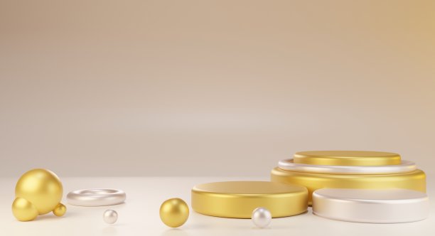 抽象奢华的金色和金属裙台基座呈现最小的3D渲染。图片下载