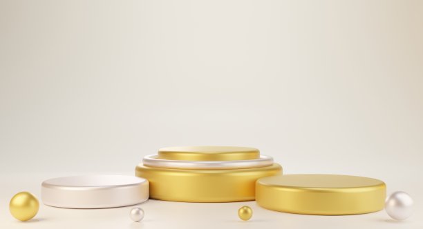 抽象奢华的金色和金属裙台基座呈现最小的3D渲染。图片下载