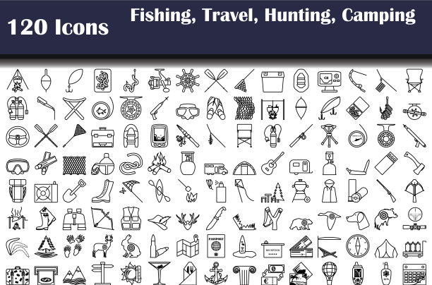 一套120图标钓鱼旅行狩猎露营图片下载