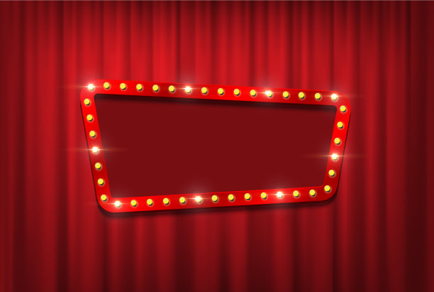 红色窗帘上有空的灯泡框架图片下载