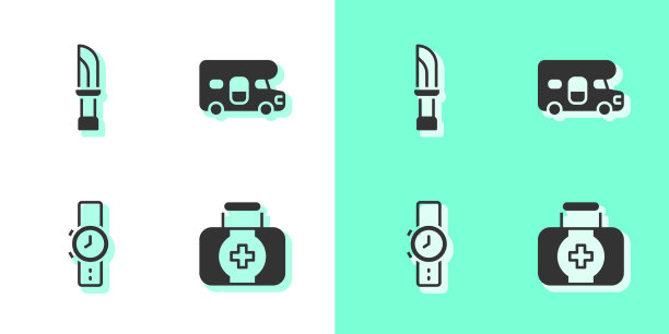 准备急救箱，刀，腕表和房车图片下载