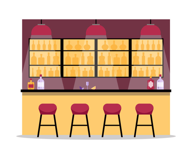 吧台内部有椅子、酒瓶图片下载