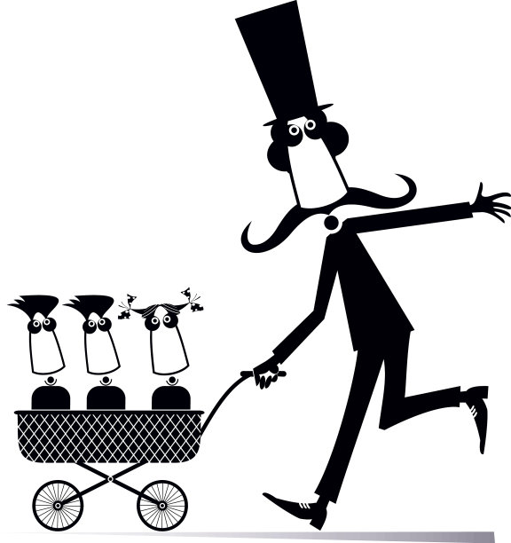 婴儿车里带着孩子的卡通男人图片下载