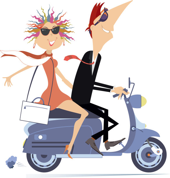 一对年轻夫妇骑滑板车图片下载