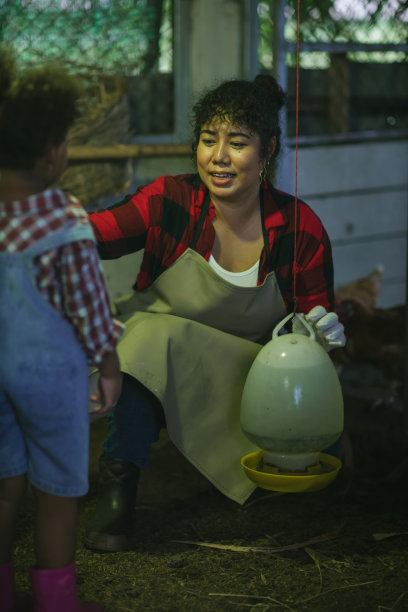 母女俩在谷仓农场工作。母女俩很喜欢农场里的鸡图片下载