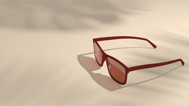 在海上休息的极简主义场景。棕色墨镜放在阳光普照的沙滩上。3 d渲染。图片下载