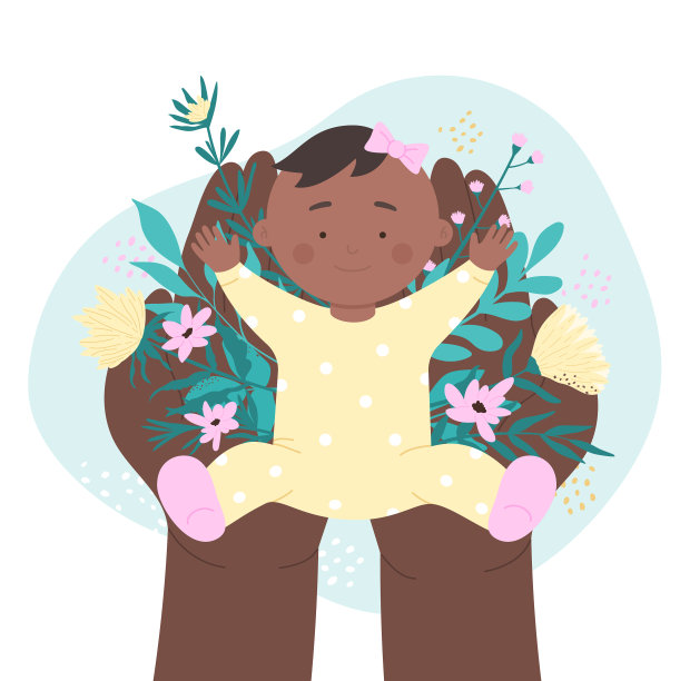 女婴手里捧着叶和花的婴儿幸福图片下载