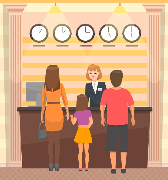 年轻的一家人拿着行李箱站在接待处图片下载