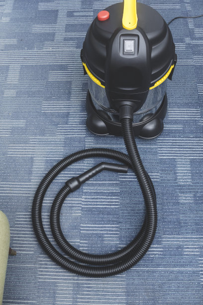 一个全新的铬直立真空吸尘器放置在办公室角落的地毯地板上。图片下载