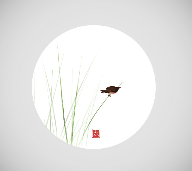 鸟儿坐在芦苇的草茎上，在白色的圆圈上盘旋图片下载