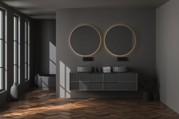 深色的浴室内部，铺着黑色拼花地板，图片下载