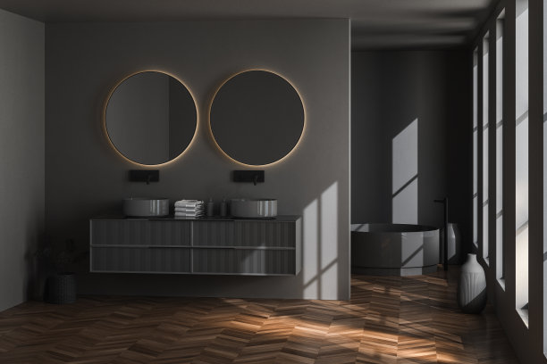 深色的浴室内部，铺着黑色拼花地板，图片下载