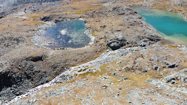 高山冰川湖。风景如画，隐藏在群山之中。户外风格度假。冒险旅行在野生动物，没有人。山谷景观鸟瞰图库存照片图片下载