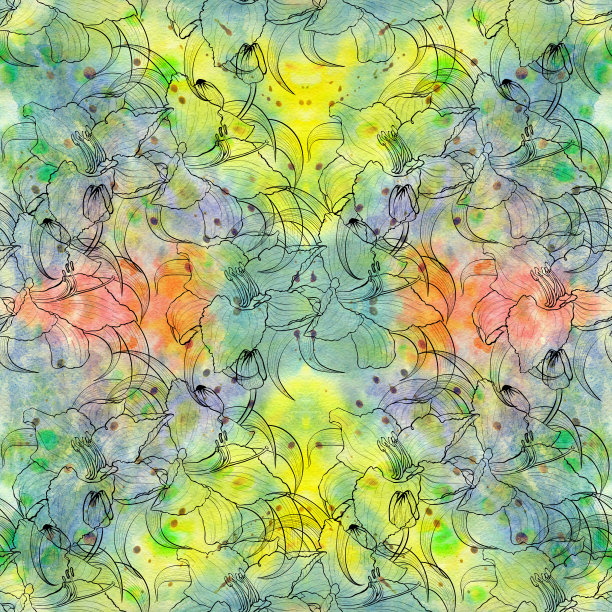 无缝模式。百合的花，花蕾和叶子。花的数字艺术。夏天花园里的花。使用印刷材料、标志、物品、网站、地图。图片下载