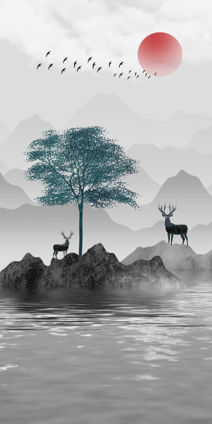 家庭墙壁装饰3d框架。树与云，鸟，月亮，和山在一个浅的景观灰色的背景图片下载