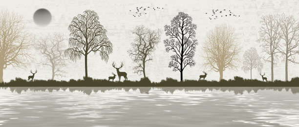 3d现代平面艺术壁画墙纸景观与丛林，森林背景。鹿，圣诞树在光画水的背景图片下载