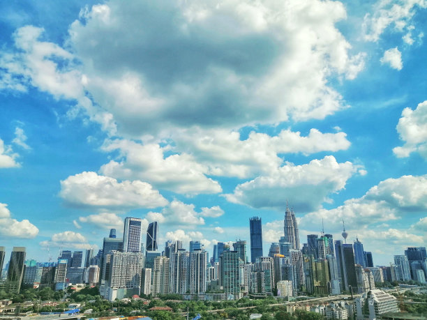 吉隆坡市中心远处的城市景观。一天的时间。许多高楼大厦，包括最高的双子塔。图片下载