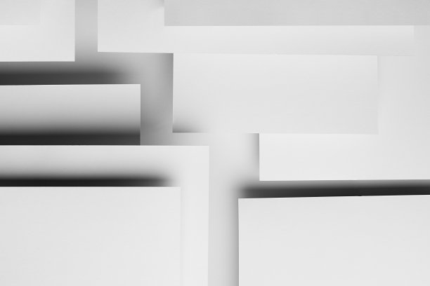 白色抽象几何背景配上白纸，作为矩形、平行条纹、透视、阴影的抽象空间格局，简洁严谨的现代商业风格。图片下载