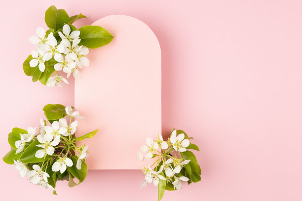 春天粉色空白圆拱垫文本模型与温柔的白色苹果树花，绿色的叶子粉彩，复制空间。花卉背景广告，品牌标识，贺卡。图片下载