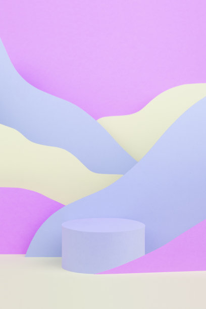 优雅时尚风格的纸抽象舞台模拟与圆形讲台，山景观-紫色，丁香，白色斜坡，垂直。广告模板，化妆品产品展示模板。图片下载