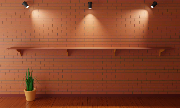 红砖墙上的木架子和聚光灯。3 d渲染。图片下载